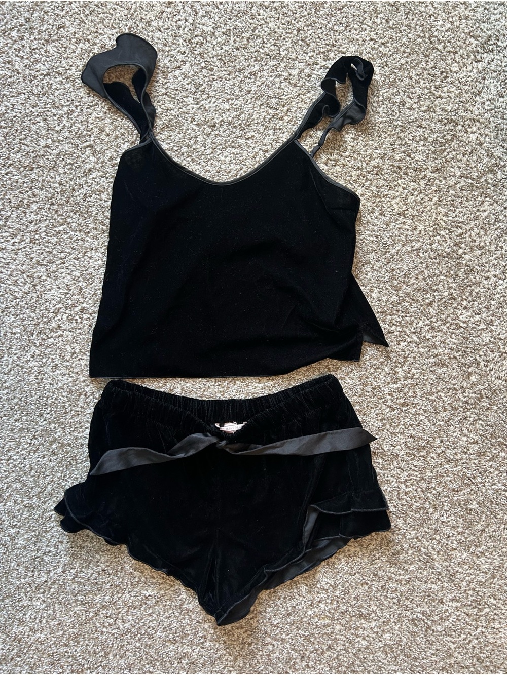Victoria’s Secret Black Velvet Ruffle Cami and Short Sleep Set